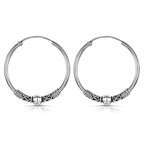 Amberta Pendientes de Aro Bali para Mujer en Plata de Ley 925: Bola y Cuerda 30mm