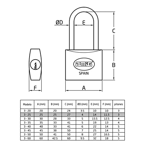 Amig - Candado de seguridad | Incluye 2 llaves | Arco largo | Latón y arco de Acero | Para taquillas de gimnasio, puertas, armarios, maletas, mochilas | Doble cierre | Ancho: 25 mm