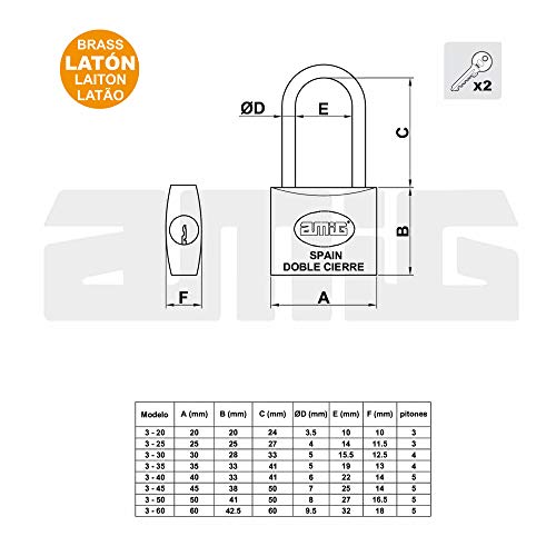 Amig - Candado de seguridad | Incluye 2 llaves | Arco largo | Latón y arco de Acero tratado | Para taquillas de gimnasio, puertas, armarios, maletas, mochilas | Ancho: 20 mm