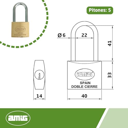 Amig - Candado de seguridad | Incluye 2 llaves | Arco largo | Latón y arco de Acero tratado | Para taquillas de gimnasio, puertas, armarios, maletas, mochilas | Doble cierre | Ancho: 40 mm