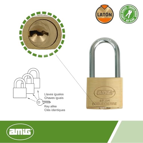 Amig - Candado de seguridad | Incluye 2 llaves | Arco largo | Latón y arco de Acero tratado | Para taquillas de gimnasio, puertas, armarios, maletas, mochilas | Doble cierre | Ancho: 40 mm