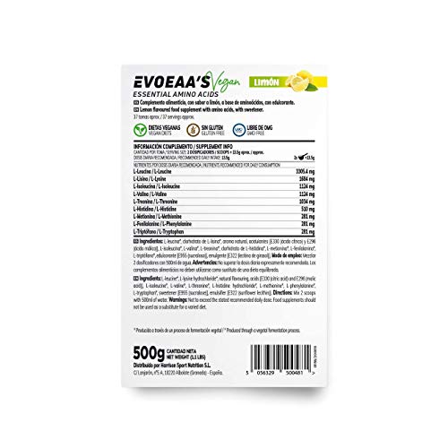 Aminoácidos Esenciales en Polvo de HSN Evoeaa's | Sabor Limón 500 g = 37 Tomas por Envase | Leucina, Isoleucina, Valina, Lisina, Metionina, Treonina, Triptófano, Histidina, Fenilalanina