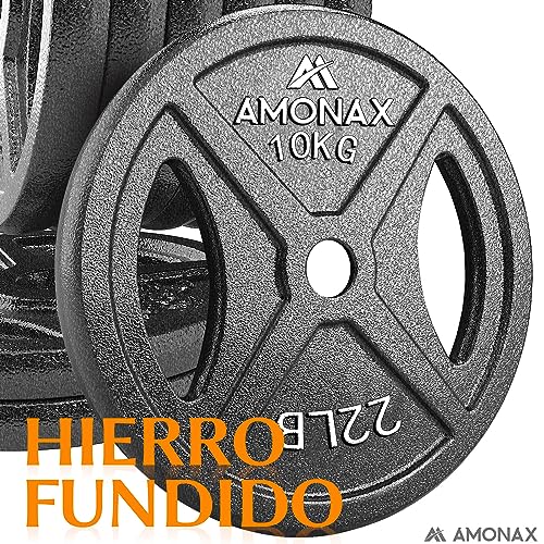 Amonax discos pesas, 2,5kg, 5kg, 10kg discos mancuernas para barras 25mm, discos de pesas metálicas para levantamiento y empuje de cadera, placas de hierro fundido para gimnasio en casa