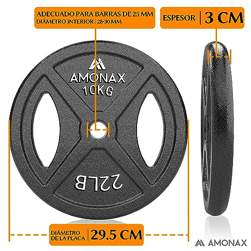 Amonax discos pesas, 2,5kg, 5kg, 10kg discos mancuernas para barras 25mm, discos de pesas metálicas para levantamiento y empuje de cadera, placas de hierro fundido para gimnasio en casa