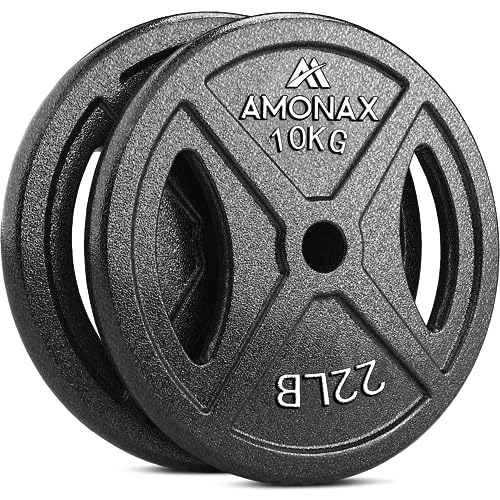 Amonax discos pesas, 2,5kg, 5kg, 10kg discos mancuernas para barras 25mm, discos de pesas metálicas para levantamiento y empuje de cadera, placas de hierro fundido para gimnasio en casa