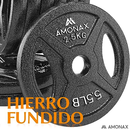 Amonax discos pesas, 2,5kg, 5kg, 10kg discos mancuernas para barras 25mm, discos de pesas metálicas para levantamiento y empuje de cadera, placas de hierro fundido para gimnasio en casa