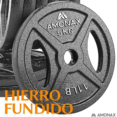 Amonax discos pesas, 2,5kg, 5kg, 10kg discos mancuernas para barras 25mm, discos de pesas metálicas para levantamiento y empuje de cadera, placas de hierro fundido para gimnasio en casa