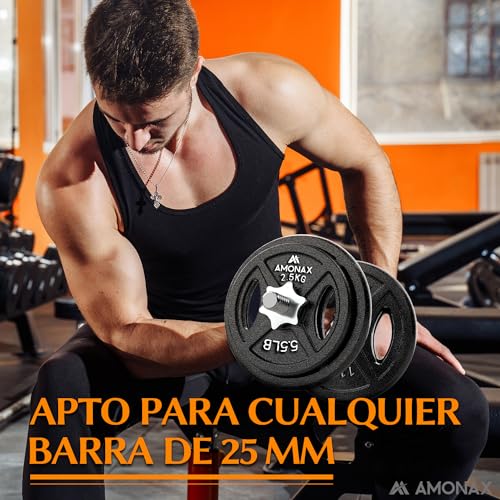 Amonax discos pesas, 2,5kg, 5kg, 10kg discos mancuernas para barras 25mm, discos de pesas metálicas para levantamiento y empuje de cadera, placas de hierro fundido para gimnasio en casa