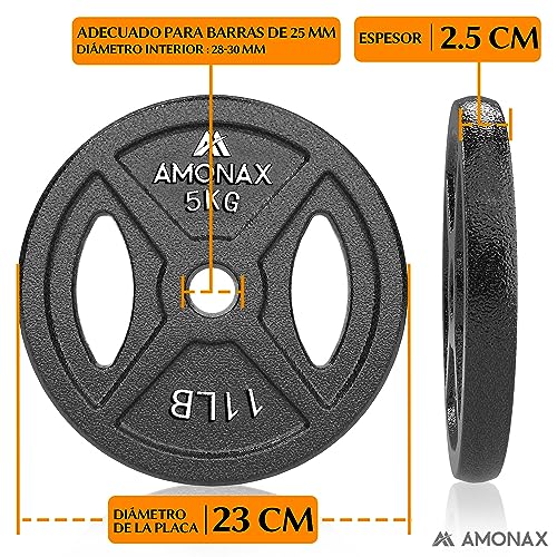 Amonax discos pesas, 2,5kg, 5kg, 10kg discos mancuernas para barras 25mm, discos de pesas metálicas para levantamiento y empuje de cadera, placas de hierro fundido para gimnasio en casa