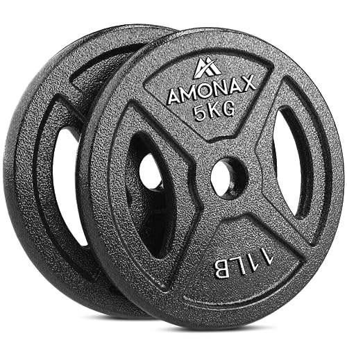 Amonax discos pesas, 2,5kg, 5kg, 10kg discos mancuernas para barras 25mm, discos de pesas metálicas para levantamiento y empuje de cadera, placas de hierro fundido para gimnasio en casa