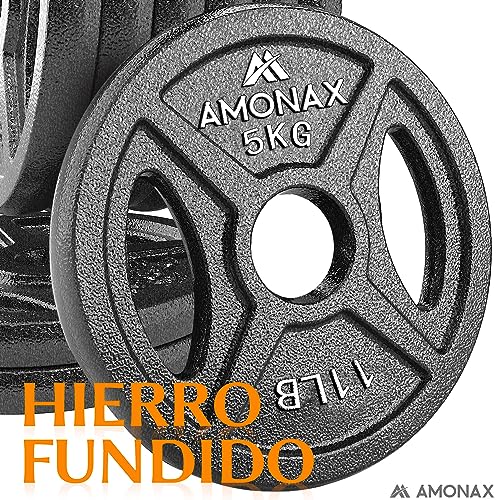 Amonax discos pesas, 2,5kg, 5kg, 10kg discos mancuernas para barras olimpicos 50mm, discos de pesas metálicas para levantamiento y empuje de cadera, placas de hierro fundido para gimnasio en casa