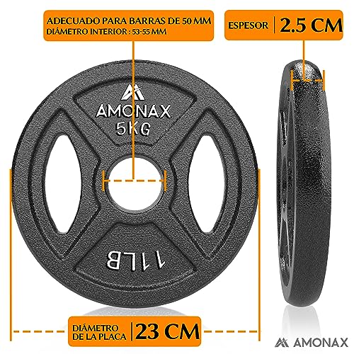 Amonax discos pesas, 2,5kg, 5kg, 10kg discos mancuernas para barras olimpicos 50mm, discos de pesas metálicas para levantamiento y empuje de cadera, placas de hierro fundido para gimnasio en casa