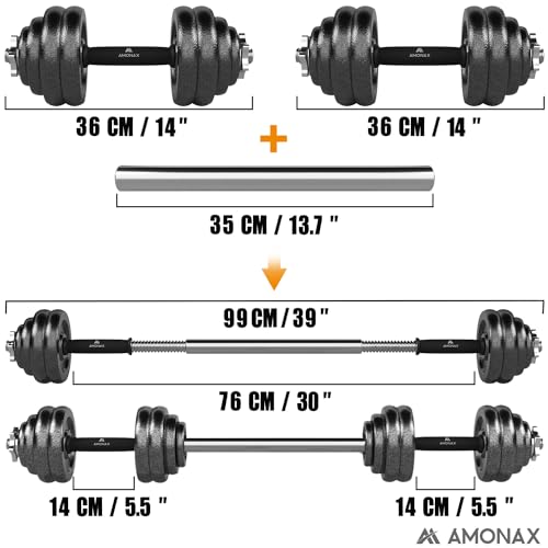 Amonax Pesas y Mancuernas Ajustables 20 30KG, Juego de Pesos Dumbbells Kit Hierro Fundido, Fitness Gimnasio en Casa Musculacion, Weights Set Mujer Halteres Barbell Hombres Ejercicios (Negro 30KG)