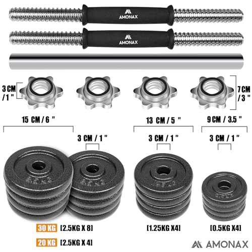 Amonax Pesas y Mancuernas Ajustables 20 30KG, Juego de Pesos Dumbbells Kit Hierro Fundido, Fitness Gimnasio en Casa Musculacion, Weights Set Mujer Halteres Barbell Hombres Ejercicios (Negro 30KG)