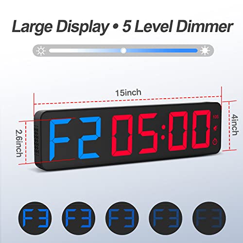 ANJANK Temporizador de Gimnasio Reloj de Pared Digital LED Grande de 15'', Timer de Intervalo con Cronómetro,Cuenta Regresiva/Ascendente,Volumen Ajustable,Timer de Entrenamiento con Control Remoto