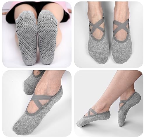 Anstore Calcetines de yoga, pilates, antideslizantes, para yoga, pilates, ballet, fitness, entrenamiento descalzo, trampolín, antideslizantes, calcetines deportivos para mujer, Gris/Rosa/Negro, 35-42