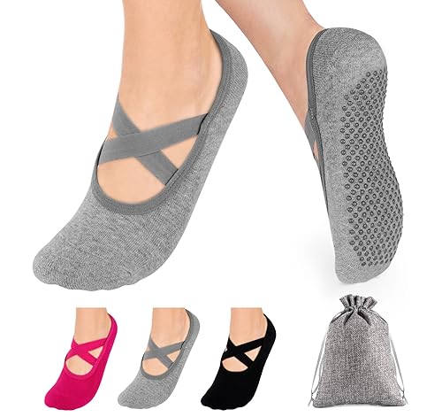 Anstore Calcetines de yoga, pilates, antideslizantes, para yoga, pilates, ballet, fitness, entrenamiento descalzo, trampolín, antideslizantes, calcetines deportivos para mujer, Gris/Rosa/Negro, 35-42