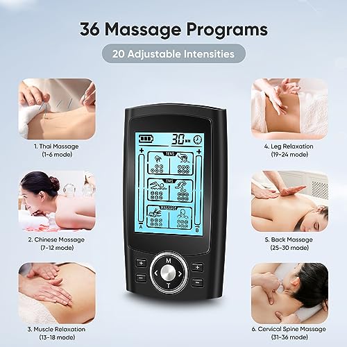 Anykuu 3 en 1 Eletroestimulation Muscular Tens de 36 Modos 10 Electrodos 2 Canales con Función TENS, EMS y Masaje para Aliviar el Dolor Cervical/Piernas/Abdominal/Espalda/Cuello USB Recargable