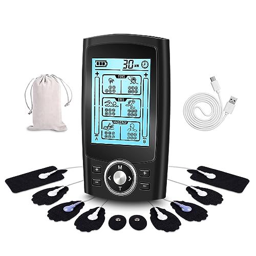 Anykuu 3 en 1 Eletroestimulation Muscular Tens de 36 Modos 10 Electrodos 2 Canales con Función TENS, EMS y Masaje para Aliviar el Dolor Cervical/Piernas/Abdominal/Espalda/Cuello USB Recargable