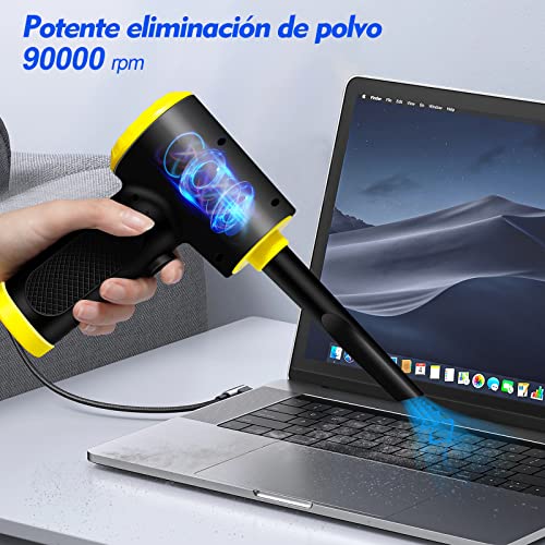 Anykuu Soplador de Polvo Eléctrico 90000 RPM Ajuste de 3 Marchas Plumero de Aire Comprimido con Luz LED Batería Recargable de 7500 mAh Limpieza, Negro