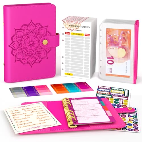 Aocii Budget Binder Budget Planner - A6 Carpeta De Presupuesto, Agenda Financiera Para Ahorrar, Con Diseños En Español, Organizador de Dinero, Pegatina Planificadora (Rojo)