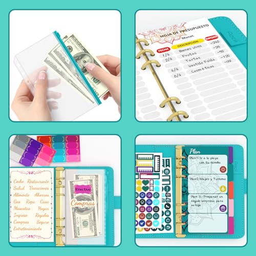 Aocii Budget Binder Budget Planner Español - A6 Carpeta De Presupuesto, Agenda Para Ahorrar Dinero, Con Diseños En Español Organizador Dinero, Agenda Financiera, Pegatina Planificadora (Azul)