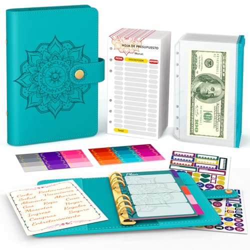 Aocii Budget Binder Budget Planner Español - A6 Carpeta De Presupuesto, Agenda Para Ahorrar Dinero, Con Diseños En Español Organizador Dinero, Agenda Financiera, Pegatina Planificadora (Azul)