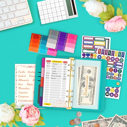 Aocii Budget Binder Budget Planner Español - A6 Carpeta De Presupuesto, Agenda Para Ahorrar Dinero, Con Diseños En Español Organizador Dinero, Agenda Financiera, Pegatina Planificadora (Azul)