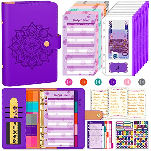 Aocii Budget Planner Budget Binder A6 - Planificador financiero de presupuestos, libro de presupuestos con bandejas para el dinero, etiquetas de planificador de presupuestos (Violeta)