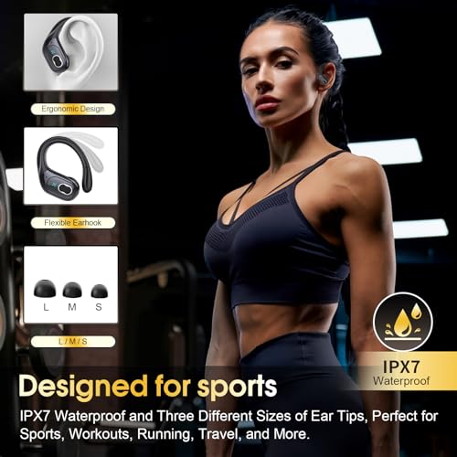 Aptkdoe Auriculares Inalámbricos Deportivos, Auriculares Bluetooth 5.3 HiFi Estéreo con HD Micró, 75H de Reproducción con Cancelacion Ruido ENC, IPX7 Impermeable Cascos Inalambricos, Running/Sport