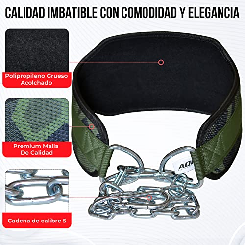 AQF Cinturon Lastre Gym, Neopreno Dominadas Cinturon con Cadena, Faja Lumbar Mujer Hombre para Barra Dominadas, Musculación Levantamiento De Pesas Fitness En Casa Cinturon Gimnasio (Verde Camo)