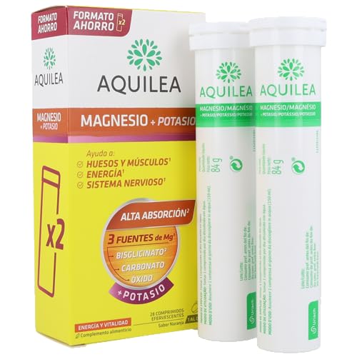 AQUILEA Magnesio+Potasio Efervescente 28 Comprimidos - Ayuda a recuperar el tono Muscular - Complemento alimenticio