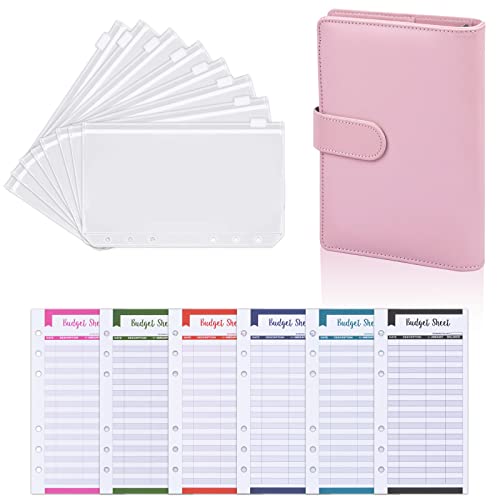 Archivador de Dinero Carpeta de Cuaderno A6 Organizador de Dinero de Cuero de PU Agenda de Ahorro con Sobres Plastico Transparentes con Cierre Carpeta de Presupuesto con Anillas Crédito (Rosa)