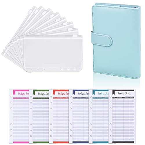 Archivador de Dinero Carpeta de Cuaderno A6 Organizador de Dinero de Cuero de PU Agenda de Ahorro con Sobres Plastico Transparentes con Cierre Carpeta de Presupuesto con Anillas Crédito (Azul)