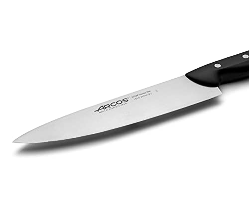 ARCOS Cuchillo Chef 8 pulgadas Acero Inoxidable, Cuchillo cocina profesional multiusos para cortar carne y verduras, Mango ergonómico polioximetileno y Hoja 215 mm, Serie Maitre, Color negro