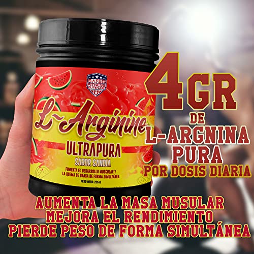 Arginina pura formato en polvo | 4000 mg de L-Arginina por toma | Mejora el rendimiento deportivo, elimina la fatiga muscular y mayor desarrollo muscular | Rápida absorción | Sabor sandía | 225 gr