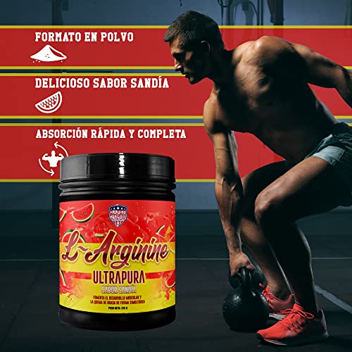 Arginina pura formato en polvo | 4000 mg de L-Arginina por toma | Mejora el rendimiento deportivo, elimina la fatiga muscular y mayor desarrollo muscular | Rápida absorción | Sabor sandía | 225 gr