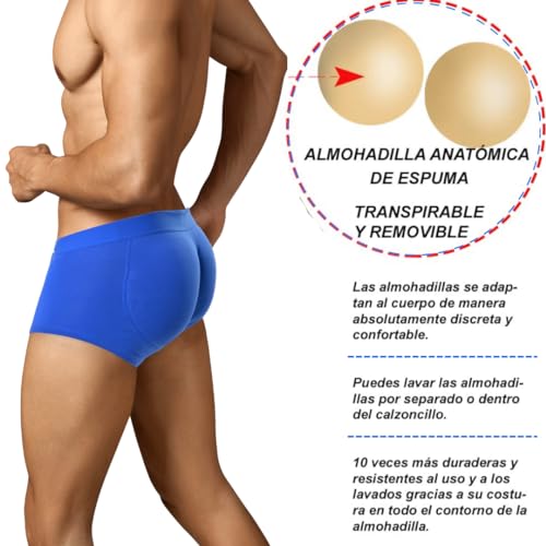 ARIUS Calzoncillo Boxer con Relleno Trasero para Aumentar el Volumen y tamaño de glúteos y Levanta Color Azul - Push up y Relleno de Nalgas - Men’s Padded Buttocks (L)