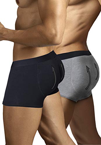 ARIUS Pack 2 Calzoncillos Boxer con Relleno Trasero para Aumentar el Volumen y tamaño de glúteos y Levantar. 1 en Color Negro y 1 en Color Gris - Push up y Relleno de Nalgas (L)