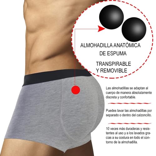 ARIUS Pack 2 Calzoncillos Boxer con Relleno Trasero para Aumentar el Volumen y tamaño de glúteos y Levantar. 1 en Color Negro y 1 en Color Gris - Push up y Relleno de Nalgas (S)