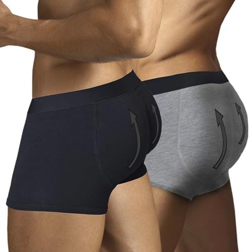 ARIUS Pack 2 Calzoncillos Boxer con Relleno Trasero para Aumentar el Volumen y tamaño de glúteos y Levantar. 1 en Color Negro y 1 en Color Gris - Push up y Relleno de Nalgas (S)