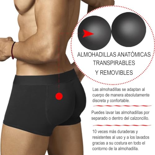 ARIUS Pack 2 Calzoncillos Boxer con Relleno Trasero para Aumentar el Volumen y tamaño de glúteos y Levantar. Los 2 Iguales en Color Negro - Push up y Relleno de Nalgas (Talla M)