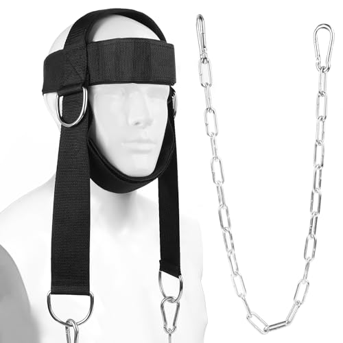 Arnés de Cabeza de Cuello ajustable neopreno entrenamiento de cuello con cadena larga de acero y mosquetón para el cuello, arnés para entrenamiento de resistencia, recuperación de fuerza muscular