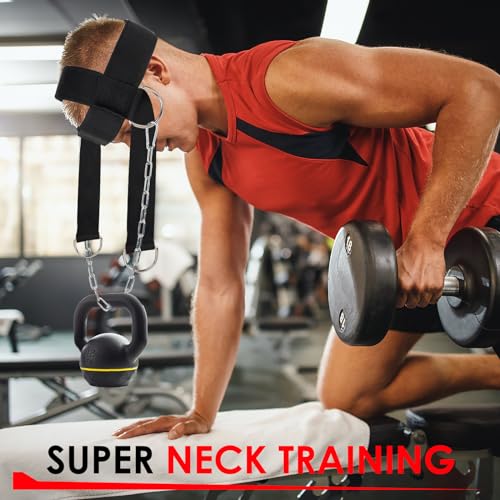 Arnés de Cabeza de Cuello ajustable neopreno entrenamiento de cuello con cadena larga de acero y mosquetón para el cuello, arnés para entrenamiento de resistencia, recuperación de fuerza muscular