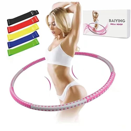 Aro Hula Hoop Adultos de Espuma,con 5 Cintas Elásticas de Musculación, Aro Acero Inoxidable y Espuma, Fitness, pérdida de Peso y Tonificación, 8 Piezas, (1,2 kg) y 5 Cintas Elásticas de Ejercicio