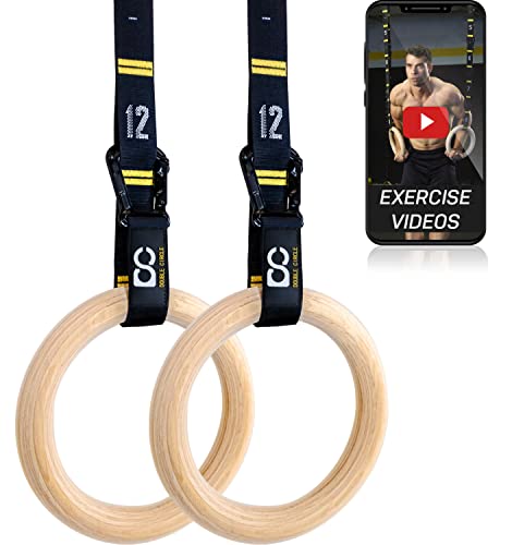 Aros de Madera Double Circle para Entrenamiento de Gimnasia de 32 mm - con Correas de Ajuste Rápido Numeradas - Videos Guía para Ejercicio de Cuerpo Completo-Anillos para Crossfit y Gimnasio en Casa