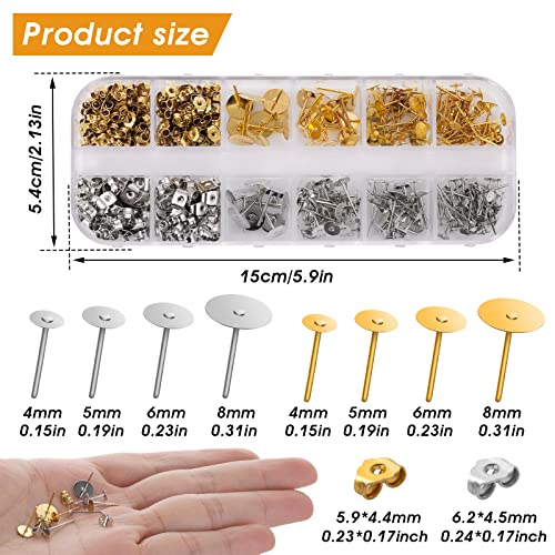 ASTER Kit de 400 aretes de acero inoxidable hipoalergénico con parte trasera de mariposa para hacer aretes, incluye una caja de almacenamiento, 4 tamaños (4, 5, 6, 8 mm de largo) dorado y plateado,