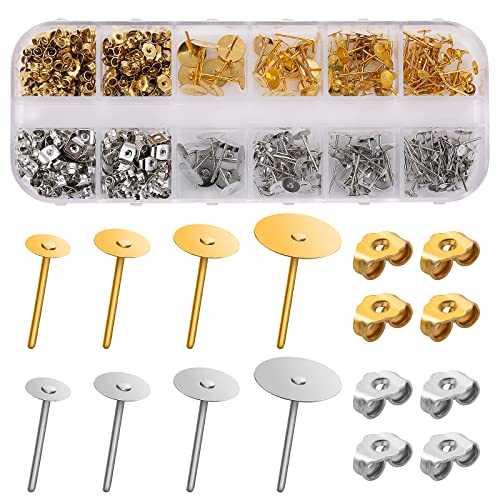 ASTER Kit de 400 aretes de acero inoxidable hipoalergénico con parte trasera de mariposa para hacer aretes, incluye una caja de almacenamiento, 4 tamaños (4, 5, 6, 8 mm de largo) dorado y plateado,