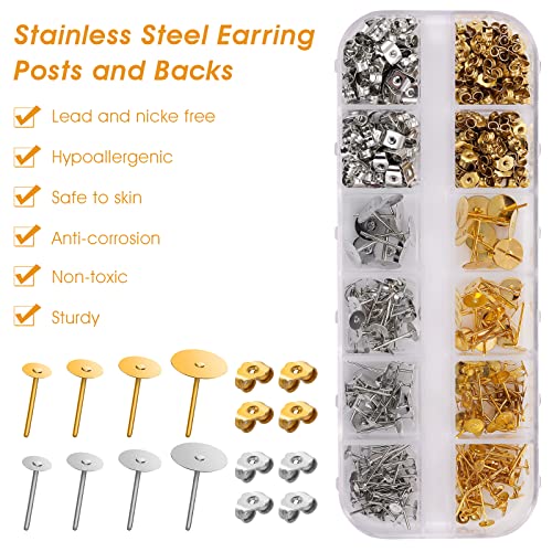 ASTER Kit de 400 aretes de acero inoxidable hipoalergénico con parte trasera de mariposa para hacer aretes, incluye una caja de almacenamiento, 4 tamaños (4, 5, 6, 8 mm de largo) dorado y plateado,