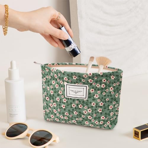 Aucuu Neceser Maquillaje Floral para Mujer, Bolsas de Cosméticos de Tejido de Pana con Cremallera, Neceser Portátil, Multifunctional Organizador para Viaje -Margarita Verde